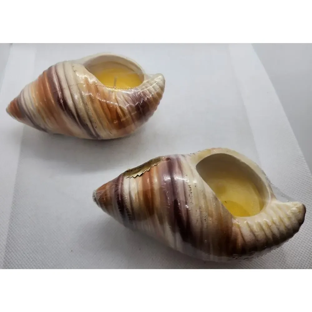 Set of 2 Citronella Scented Candles Ceramic Seashell Shell Decor New Wrapped